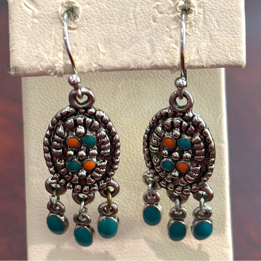 Vintage! Hanging 3  Bead Gorgeous!  Earrings Blue Red Silver